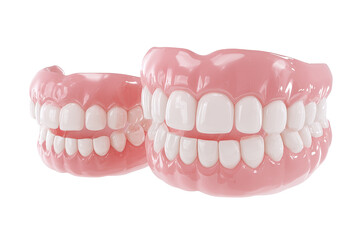 Fototapeta premium Two sets of dentures, light pink gum, white teeth, close-up