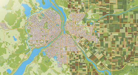Obraz premium Aerial view of a city surrounded by nature and farmland, showcasing urban and rural elements