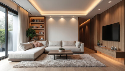 Fototapeta premium Living room interior design with sofa books TV set. Modern home decor. Cozy interior with wooden wall and bookshelf. Minimalist apartment with comfort furniture in apartment
