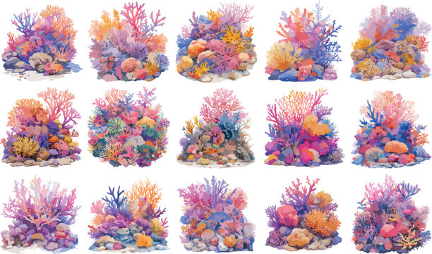 Tropical Reef Watercolor Clipart Clusters