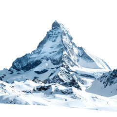 Towering, snow-capped mountain peak against a stark black backdrop, details and texture vivid