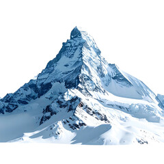A majestic, snow-covered mountain peak against a pure black backdrop. Dramatic shadows define the slopes