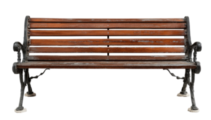 Aged wooden park bench.  Dark brown weathered wood slats form the seat and back, supported by dark metal legs and armrests.  The bench appears weathered and used