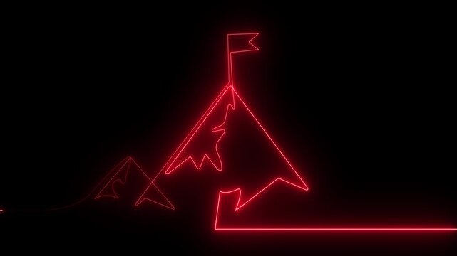 Glowing neon line of man conquering mountain peak icon isolated on transparent vneon Mountain range one line drawn animation. Mountains with flag linear.goal achiever Success icon animation with neon