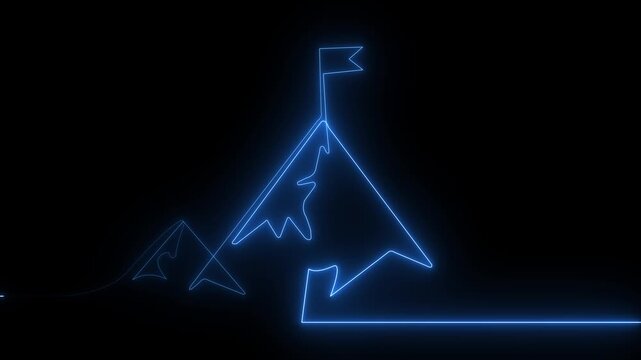 Glowing neon line of man conquering mountain peak icon isolated on transparent vneon Mountain range one line drawn animation. Mountains with flag linear.goal achiever Success icon animation with neon