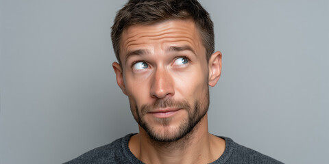 Man with an inquisitive expression looking upwards, showcasing curiosity against a neutral background in a modern indoor setting