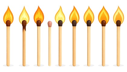 A series of eight matches in various states of burning. One is unlit. The others progress from just lit to nearly consumed, with flames of varying sizes