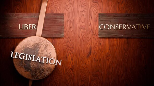 Legislation swings between liberal and conservative. Visualizing a repeated pattern of Legislation that cycles between extremities: liberal and conservative. Repeating transition from one to another.