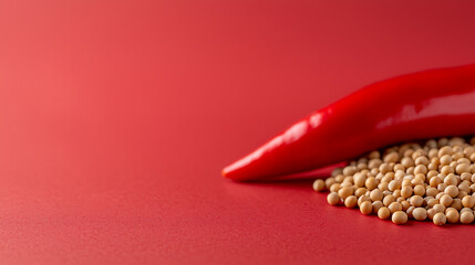 Fiery red chili pepper resting on a bed of pale yellow seeds, creating a striking contrast of color and texture, evoking culinary creations.