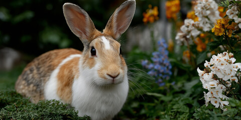 Rabbit sitting among colorful flowers in a lush garden during sunny spring afternoon