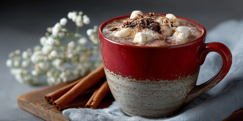 Warm cup of hot chocolate topped with marshmallows and chocolate shavings sits on a wooden board with cinnamon sticks in a cozy setting