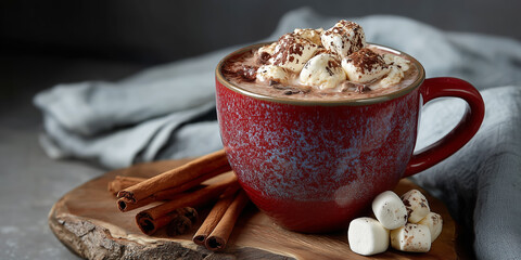 Warm cocoa topped with marshmallows and cinnamon sticks served on a wooden board in a cozy setting during cold weather