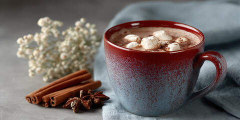 Warm cup of hot chocolate with marshmallows, cinnamon sticks, and delicate flowers on a cozy table in winter afternoon