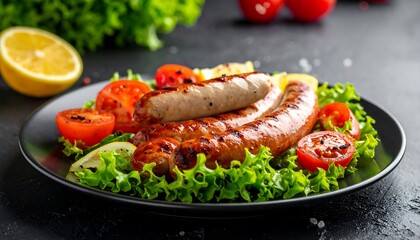 A plate showcases cooked sausages on a bed of lettuce, with grilled tomatoes and lemon slices. The dark background enhances the vibrant colors
