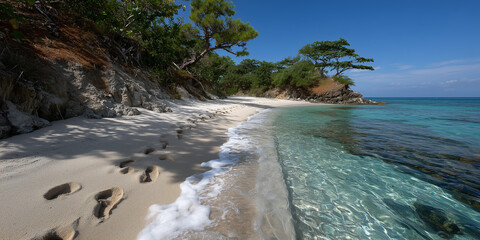 Beautiful tropical beach with clear water and footsteps in the sand during a sunny day on a peaceful coastline