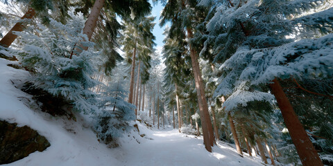 Snowy forest path surrounded by tall pine trees on a bright winter day