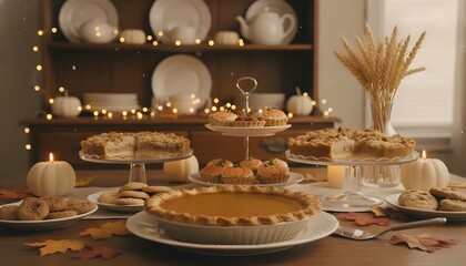 A festive Thanksgiving dessert buffet table. An assortment of pies, cakes, cookies, and tarts are displayed, ready for a holiday celebration. A warm and inviting scene with soft lighting.