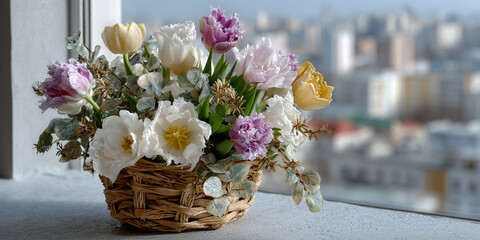 Blooming tulips and daisies arranged in a woven basket sitting near a window with a cityscape background during daytime
