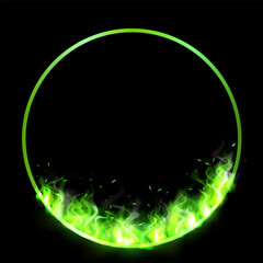 Green fire frame in the shape of ring, vector circle fiery frame, burning clipping mask round border light effect