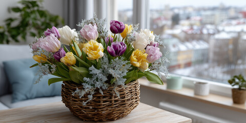 Colorful spring bouquet of tulips arranged in a woven basket on a window sill with a snowy city view in the background