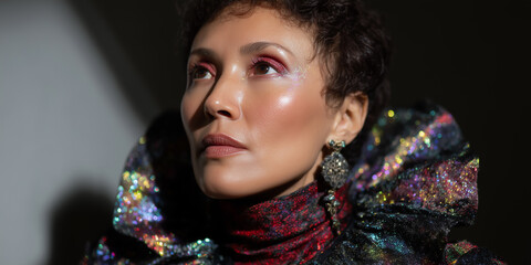 Woman in colorful outfit poses gracefully with dramatic makeup and intricate earrings, showcasing artistic expression and fashion creativity in a modern setting