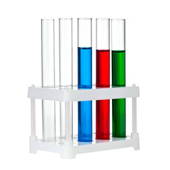 A white rack holds five test tubes, two empty, three filled with blue, red, and green liquids