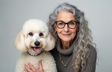 Senior woman with grey hair, poodle dog. Woman wears glasses, long wavy hair. Dog white, fluffy, with black collar. Pose together on grey background. Woman smiles, holds dog. Pet looks happy, tongue
