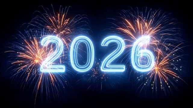 Glowing neon numbers 2026 on the dark blue background, festive fireworks. 4K video animation