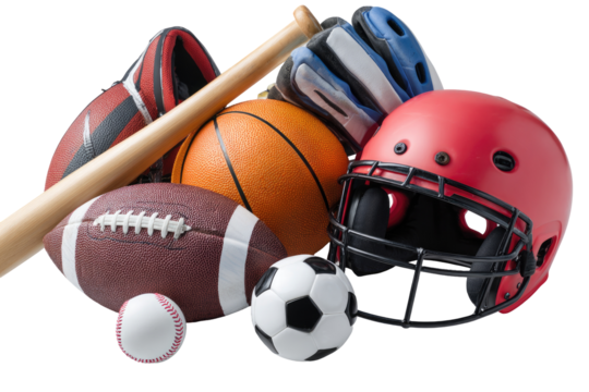 Assorted sports equipment, various balls, bat, and helmet