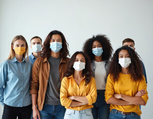 Diverse group of people wearing face masks. Multi ethnic community of business people with protective masks on. Team of adults with various skin tones and hair colors standing together.