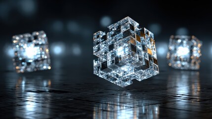 Abstract floating cubes with shimmering lights in a dark environment