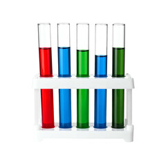 Five test tubes, filled with colorful liquids, in a white rack against a black background
