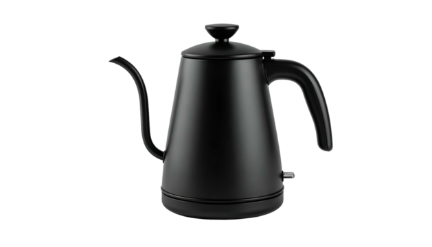 Sleek, black electric gooseneck kettle isolated on a black background, ideal for pour-over coffee