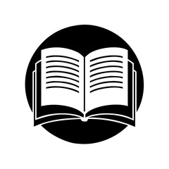 Illustration of an open book with pages and text inside a black circle