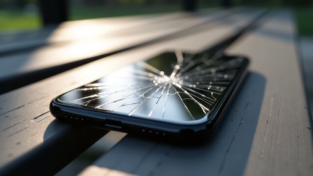 Broken smartphone on wooden bench in sunlight