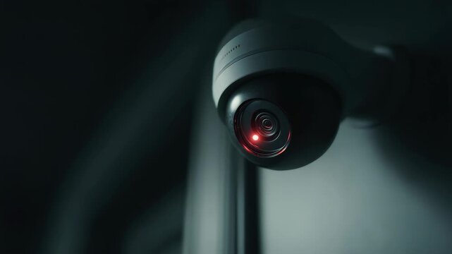 Close-up of a security camera with a red recording light. The camera is mounted on a dark wall, emphasizing surveillance and security concepts.