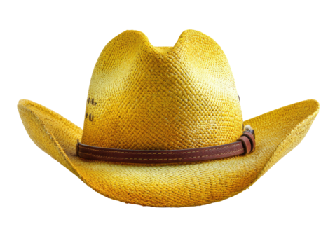 Bright yellow straw cowboy hat, front view.  Leather band