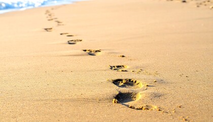 A series of footprints lead from a sandy shore toward gentle waves. Golden sand glistens. Sunlight casts shadows