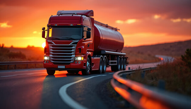 Red heavy tanker truck travels winding highway road. Liquid fuel cargo transport at vivid sunset. Lorry delivers petroleum oil, gas, chemical products across vast distances. Trucking industry