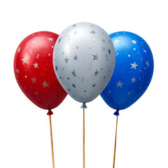 Three colorful balloons, red, white, and blue with star designs, on thin brown sticks