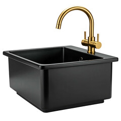 Black square sink with gold faucet, isolated on black background, studio shot, clean
