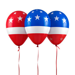 Three festive, striped and star-studded balloons in red, white, and blue float against black