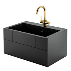A modern, rectangular black sink with a gold faucet, minimalist design, isolated