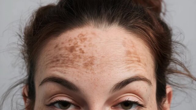 Close-up of a young Caucasian woman with brown hair and visible skin pigmentation on her forehead. She has closed eyes and a neutral expression.