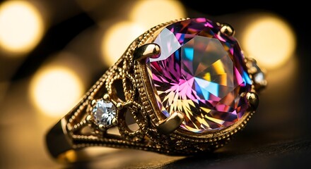 Fototapeta premium Ornate Gold Ring With Large Multi- Colored Gemstone and Bokeh