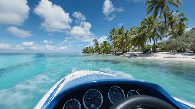 Tropical speedboat adventure through pristine blue waters and lush palm trees