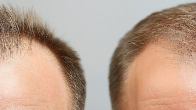 Hairline Comparison: Two men showcase different hairlines and hair density, possibly highlighting aging or changes in hair growth patterns in this close-up shot.