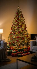 Fototapeta premium Elegant Christmas tree with sparkling lights, red and gold decorations and many wrapped gifts under it, radiating warmth and celebration mood for seasonal advertising and winter design.