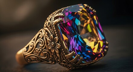 Ornate Gold Ring With Large Multi- Colored Gemstone