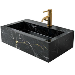 Rectangular black marble sink with gold faucet on black background, high-angle view